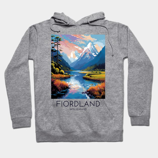 A Pop Art Travel Print of Fiordland National Park - New Zealand Hoodie by Studio Red Koala